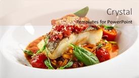  Presentation with main course - Colorful slide deck enhanced with halibut-steak-in-crispy-breading backdrop and a coral colored foreground