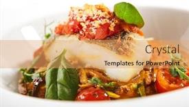 Presentation with main course - Beautiful presentation theme featuring halibut-steak-in-crispy-breading backdrop and a yellow colored foreground