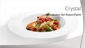  Presentation with main course - Beautiful presentation theme featuring halibut-steak-in-crispy-breading backdrop and a white colored foreground