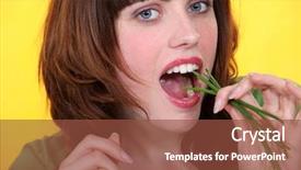  Presentation with halitosis - Presentation theme having halitosis - woman eating chives background and a tawny brown colored foreground
