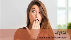  Presentation with halitosis - Theme featuring halitosis - young woman shutting her mouth background and a  colored foreground