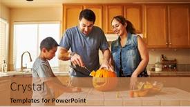  Presentation with activity - Presentation design consisting of halloween activity - family carving pumpkin into jack-o-lantern background and a coral colored foreground