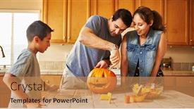  Presentation with activity - Presentation theme consisting of halloween activity - family carving pumpkin into jack-o-lantern background and a coral colored foreground