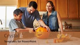  Presentation with activity - Beautiful presentation theme featuring halloween activity - family carving pumpkin into jack-o-lantern backdrop and a coral colored foreground
