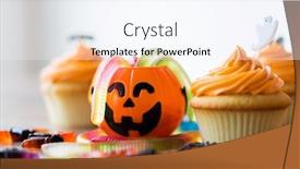  Presentation with muffins - Colorful PPT layouts enhanced with halloween and holidays concept - cupcakes or frosted muffins with party decorations and candies on wooden table backdrop and a sky blue colored foreground