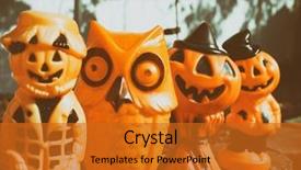  Presentation with vintage retro - PPT layouts having halloween blowmold lights pumpkin scarecrow background and a gold colored foreground