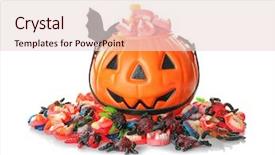  Presentation with jelly - PPT layouts consisting of halloween candy assorti - decorated pumpkin basket with sweet background and a lemonade colored foreground