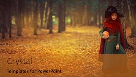  Presentation with forest fairy - PPT theme featuring halloween-charming-young-girl-witch background and a gold colored foreground