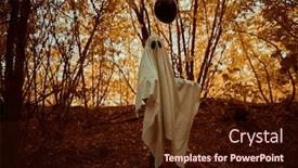  Presentation with black child - Beautiful PPT theme featuring halloween concept a ghost child under a white sheet holds black balloon in a forest backdrop and a wine colored foreground