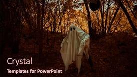  Presentation with black child - Cool new slide deck with halloween concept a ghost child under a white sheet holds black balloon in a forest backdrop and a wine colored foreground