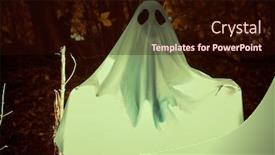  Presentation with white sheet - Slide set with halloween concept a ghost under a white sheet in a dense gloomy forest background and a wine colored foreground