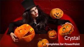  Presentation with vampire - Colorful presentation theme enhanced with halloween concept sexy lady vampire with halloween pumpkins over red background backdrop and a tawny brown colored foreground
