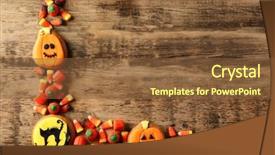  Presentation with halloween candy assorti - Presentation design with halloween cookies and jelly sweets background and a tawny brown colored foreground