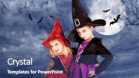  Presentation with girls night - Beautiful slides featuring halloween costumes kid girls on moon night sky with bats photo-illustration backdrop and a ocean colored foreground