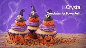  Presentation with cupcake - Cool new PPT theme with halloween cupcake with pumpkins backdrop and a violet colored foreground