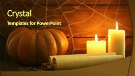  Presentation with spider web - Presentation having halloween decoration with spider on web paper roll pumpkin and candles on wooden background background and a tawny brown colored foreground