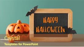  Presentation with happy holiday - PPT theme featuring halloween-decorations-bats-pumpkins-chalkboard and a  colored foreground