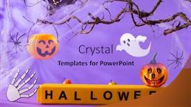  Presentation with halloween bat - PPT theme consisting of halloween-decorations-with-pumpkins-spider background and a light blue colored foreground