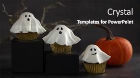  Presentation with ghost - Amazing slide deck having halloween-fondant-ghost-cupcakes backdrop and a dark gray colored foreground
