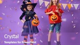  Presentation with purple wall - Colorful slide deck enhanced with halloween funny kids in carnival backdrop and a  colored foreground