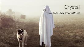  Presentation with ghost - Cool new PPT theme with halloween-ghost-with-dog backdrop and a sky blue colored foreground
