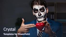  Presentation with wearing a surgical face mask - Slide deck with halloween heart - businessman with scary face mask background and a  colored foreground