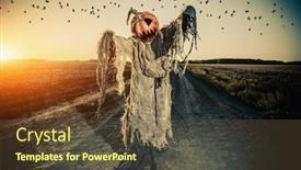  Presentation with lantern - Amazing PPT theme having halloween legend portrait of jack-lantern with a pumpkin on his head standing in the field as a scarecrow backdrop and a tawny brown colored foreground