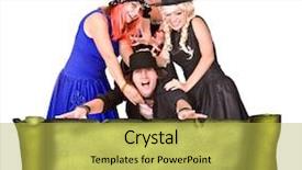  Presentation with scroll - Audience pleasing PPT theme consisting of halloween party invitation - people group in witch costume backdrop and a  colored foreground