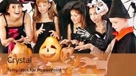  Presentation with halloween - Amazing PPT layouts having halloween party with children holding backdrop and a gold colored foreground