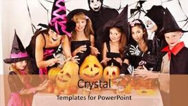  Presentation with party orange color - Colorful presentation theme enhanced with halloween party with children holding backdrop and a coral colored foreground