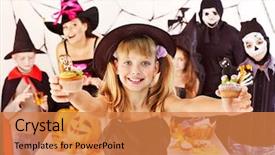  Presentation with diverse group of children reading - Presentation theme having halloween party with group children background and a coral colored foreground