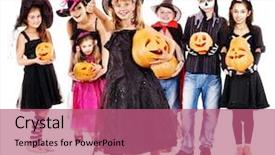  Presentation with halloween - Cool new slide deck with halloween party with group children holding carving pumpkin isolated backdrop and a coral colored foreground