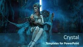  Presentation with old style - PPT theme with halloween portrait of the dead empress in the old abandoned castle ghost in the castle vintage style background and a ocean colored foreground