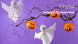  Presentation with ghosts - PPT layouts enhanced with halloween-pumpkin-buckets-for-candies background and a light blue colored foreground