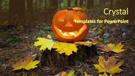  Presentation with dark forest - Colorful PPT theme enhanced with halloween pumpkin glowing in the dark forest backdrop and a tawny brown colored foreground