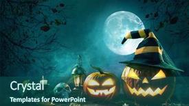 Presentation with lantern - PPT theme having halloween pumpkin head jack lantern background and a ocean colored foreground