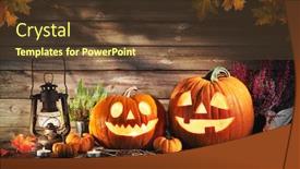  Presentation with lantern - Beautiful slide deck featuring halloween pumpkin head jack-o-lantern on wooden background backdrop and a tawny brown colored foreground