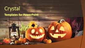  Presentation with lantern - Slide deck having halloween pumpkin head jack-o-lantern on wooden background background and a tawny brown colored foreground