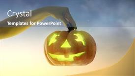  Presentation with zombies - PPT layouts having halloween-pumpkin-in-the-hand background and a ocean colored foreground