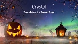  Presentation with dark forest - Slide deck having halloween pumpkins on dark spooky forest with blue fog in background background and a navy blue colored foreground