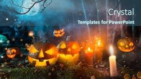  Presentation with dark forest - Audience pleasing PPT theme consisting of halloween pumpkins on dark spooky forest with blue fog in background backdrop and a ocean colored foreground