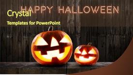  Presentation with spooky halloween graveyard dark - Slides having halloween pumpkins on dark wooden background and a tawny brown colored foreground