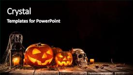  Presentation with old wooden table food - PPT layouts enhanced with halloween pumpkins on old wooden background and a black colored foreground