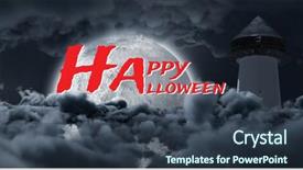  Presentation with happy image - Colorful PPT theme enhanced with halloween text against half moon backdrop and a  colored foreground