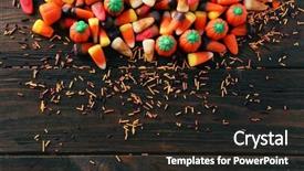  Presentation with halloween candy - Theme with halloween treats on wooden background background and a  colored foreground
