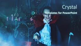  Presentation with horror movie - Presentation theme having halloween vampire boy in the old castle shows his fangs children's horror movie background and a ocean colored foreground