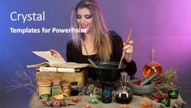  Presentation with poison - Audience pleasing PPT layouts consisting of halloween witch stirring in poison soup in her cauldron on color background backdrop and a ocean colored foreground