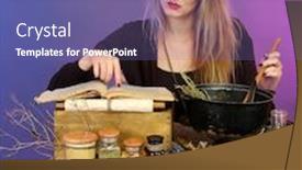  Presentation with poison - Amazing PPT layouts having halloween witch stirring in poison soup in her cauldron on color background backdrop and a violet colored foreground