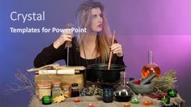  Presentation with poison - Audience pleasing presentation consisting of halloween witch stirring in poison soup in her cauldron on color background backdrop and a ocean colored foreground