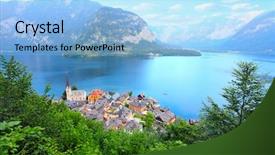  Presentation with city in the distance - Presentation design featuring hallstatt city in salzkammergut austria background and a light blue colored foreground